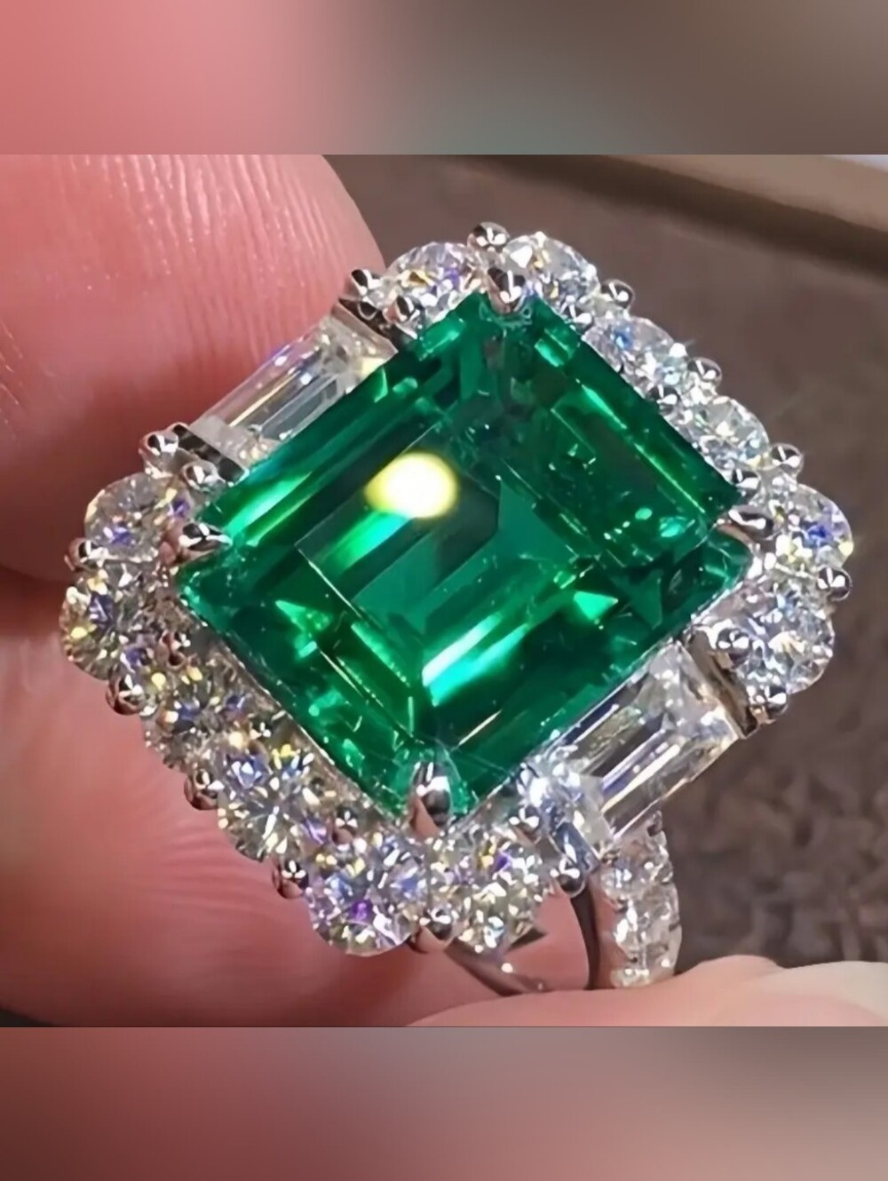 White Rhodium Emerald Halo Ring